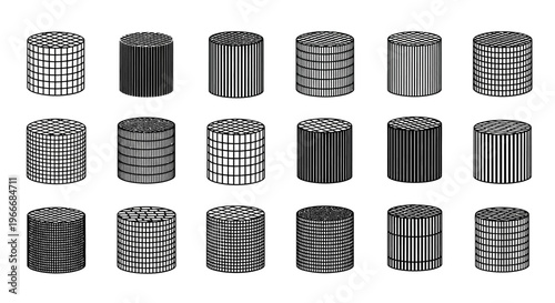 Collection of abstract cylindrical objects with wireframe grid patterns representing data storage technology and digital concepts in a clean minimalist graphic design