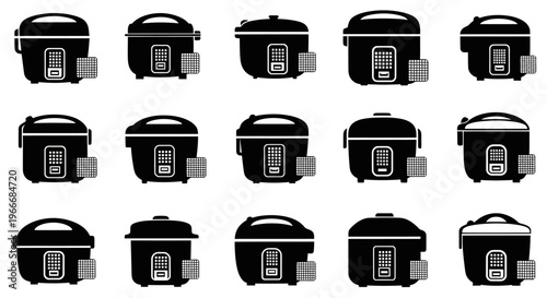 Collection of black silhouette icons representing various rice cooker designs with digital displays showcasing kitchen appliance diversity for culinary concepts and home cooking