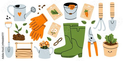Vector cute gardening clipart set. Farming collection. Watering can, shovel, rake, trowel, rubber boot, glove, shear, seed packet, plant pot, bucket, wooden box in flat style. Agriculture elements.