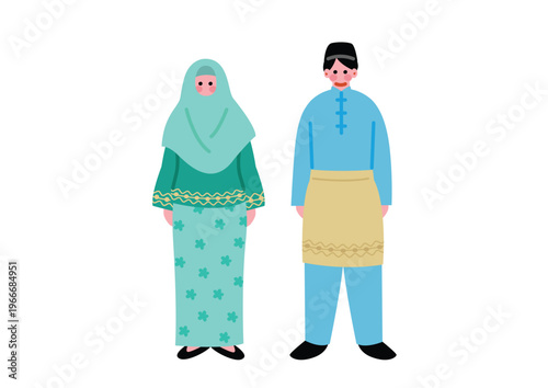 マレーシアの伝統的な民族衣装を着た男女のイラスト
