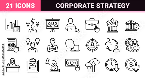 Corporate Business and Financial Management Monoline Icon Set featuring Minimalist Geometric Line Art for Commercial Web and App Interface Design.