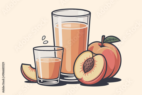 Peach Smoothie in Glass and Shot Glass with Fresh Peach Slices Organic Healthy Beverage Illustration