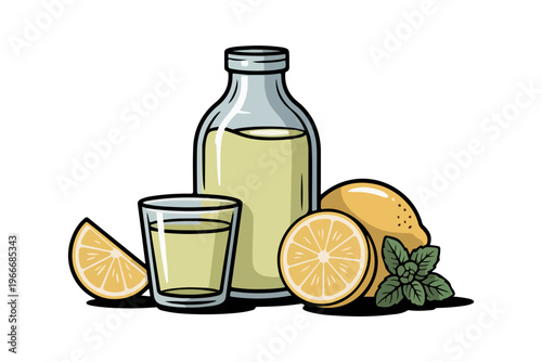 Citrus Bottle with Mint Lemonade Glass Beverage Illustration