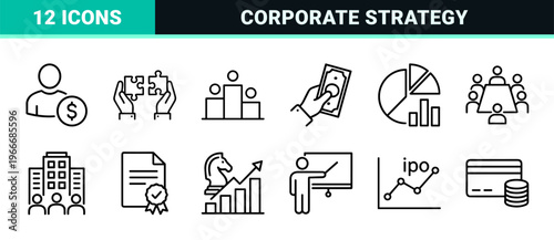 Minimalist Monoline Business Icons Featuring Geometric Line Art for Corporate Strategy, Financial Management, and Leadership Workflows