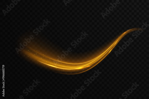 Semicircular gold wave and light vortex wake. Abstract light lines of movement and speed. Neon glow flare and shiny gold speed lines effect vector PNG on transparent background.
