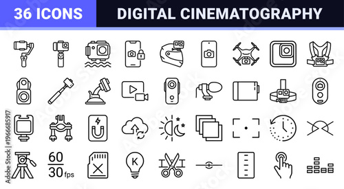 Action Camera and Mobile Cinematography Minimalist Monoline Icon Set featuring Geometric Line Art for Video Production and Vlogging.