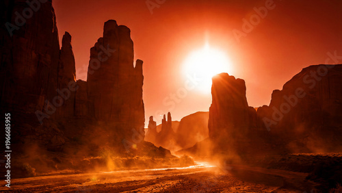 A breathtaking, dramatic desert landscape captured at either sunrise or sunset, showcasing towering sandstone rock formations, bathed in an intense fiery red and orange light from the radiant sun,
