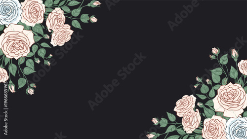 Corner floral arrangements with beautiful hand-drawn roses in soft colors on a dark black background for luxury cards.