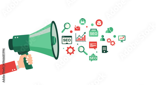 Marketing and communication icons bursting from a megaphone silhouette on transparent background