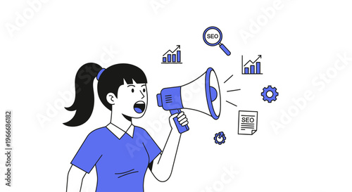 Woman announcing with a megaphone business icons on transparent background silhouette