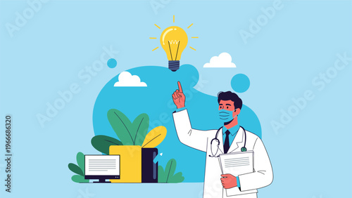 Male doctor in a medical mask pointing to a glowing light bulb representing a medical breakthrough or idea.