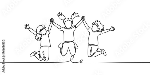 Happy jumping children holding hands. Continuous line drawing. Vector illustration on white background, Continuous one line drawing of happy children jumping and holding hands, minimalist sketch in.
