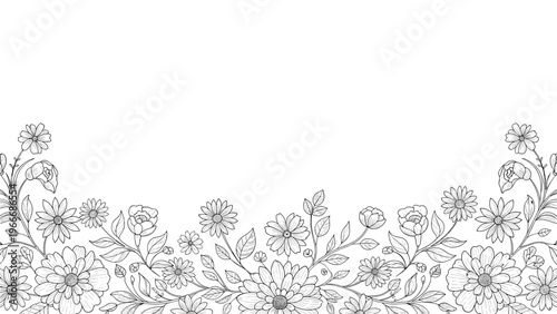 Hand drawn black and white floral border featuring various garden flowers and leaves isolated on a white background for design.