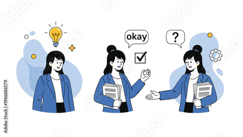 Business woman illustration showing different stages of thinking including having an idea, giving an okay sign, and asking a question.