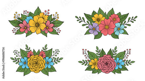 Collection of four unique colorful hand drawn floral bouquets with various flowers and green leaves isolated on a white background.