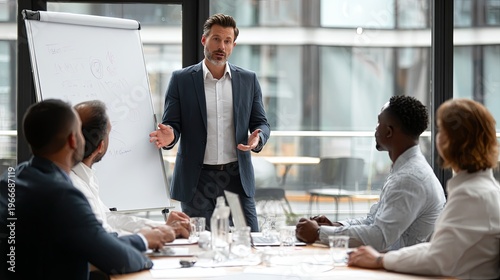 Confident businessman presents strategy to diverse team in modern office.