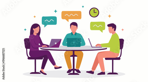 Team meeting with laptops, communication, and collaboration