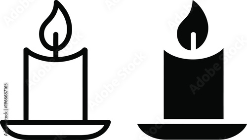 Candle icons, set of two, thin outline and solid silhouette, triangular flame detail, cylindrical candle, circular base, clean minimalist vector style