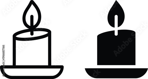 Candle icons, two minimalist designs, left outline, right solid black, triangular flame, cylindrical shape, circular base, clean high-contrast white background
