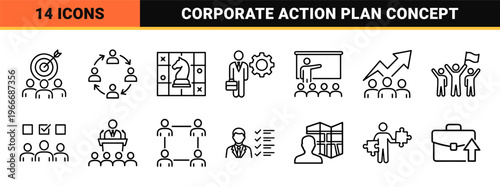 Corporate Action Plan and Business Strategy Development Line Art, Minimalist Geometric Monoline Workflow and Management Symbols