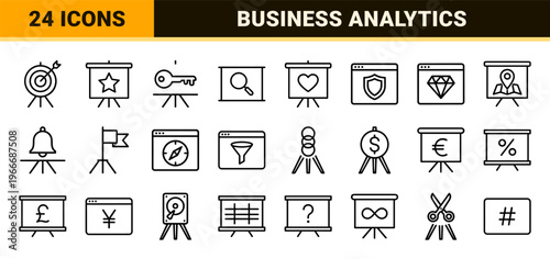 Corporate Presentation and Business Analytics Minimalist Monoline Outline Symbols for Professional Data Visualization and Marketing Reports