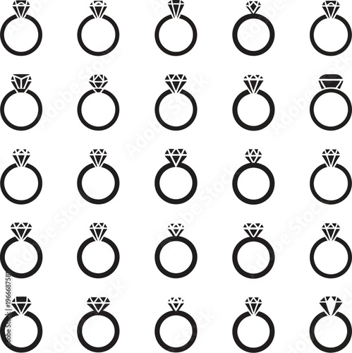 Wedding ring icons, 20 black and white designs, engagement rings with diamond settings, solitaire, prong and bezel styles, clean minimalist grid, white background
