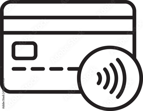 Bank credit debit card with large wireless signal wave icon representing secure tap technology and cashless checkout line vector