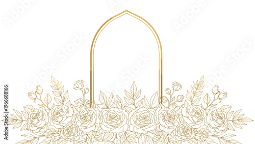 Minimalist golden arch frame rising from a lush bed of hand drawn white roses and leaves on a clean white background.