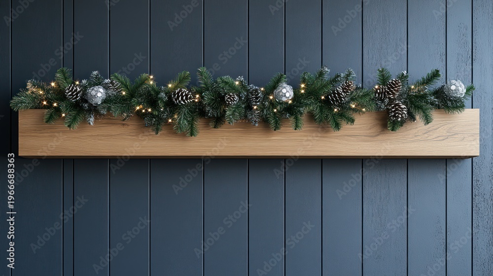 Obraz premium Christmas garland on wooden shelf with festive decorations