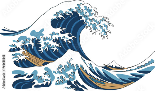 Ocean wave illustration, large stylized blue wave, Great Wave inspired, white foam splashes, dynamic crest, deep blue gradients, minimalist modern design, white background