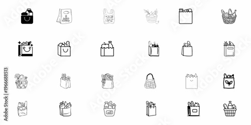 Grocery Bag and Shopping Basket Icon Set – Minimalist Line Art Illustrations for Retail and Food Market Branding