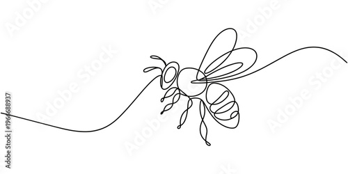 Continuous one line drawing of a flying bee insect in a minimalist art style, simple single stroke graphic design