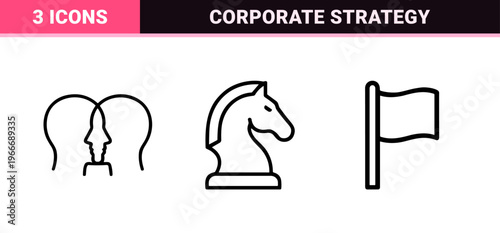 Corporate Management and Strategic Planning Monoline Iconography. Minimalist Geometric Line Art for Executive Business Presentations.