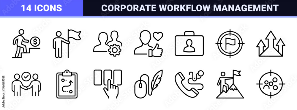 Fototapeta premium Business Action Plan and Strategy Execution Line Art. Minimalist monoline symbols for corporate workflow, goal setting, and management.