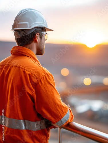 Construction worker in safety helmet and orange uniform looking at sunset over industrial site.
