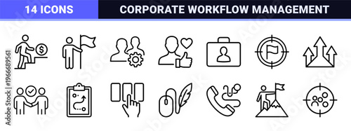 Business Action Plan and Strategy Execution Line Art. Minimalist monoline symbols for corporate workflow, goal setting, and management.