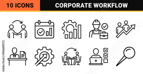 Corporate Business Process and Management Workflow Line Art. Minimalist monoline geometric symbols for project planning and strategy.