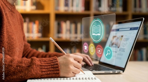Person wearing orange sweater using laptop with online learning in library education technology