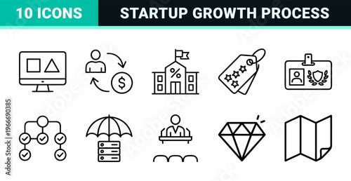 Startup Ecosystem and Project Management Minimalist Monoline Icon Set, Geometric Line Art for Corporate Strategy and Business Growth