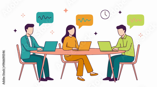 Professional team meeting: three colleagues working on laptops and communicating