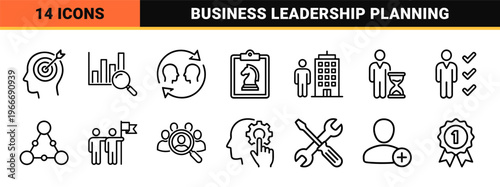 Corporate Strategy and Business Teamwork Minimalist Monoline Icons for Project Management, Leadership, and Professional Workflow Data.