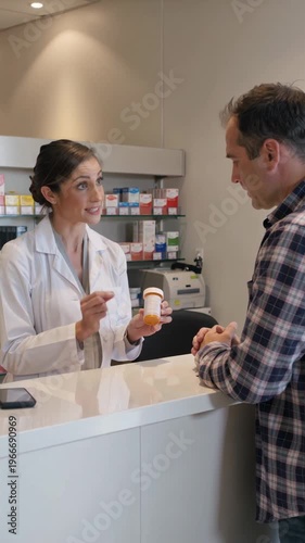 Pharmacist explaining medication to customer at pharmacy counter, vertical shot