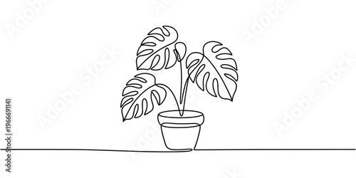 Monstera house plant in pot one line continuous drawing vector illustration. Hand drawn linear icon