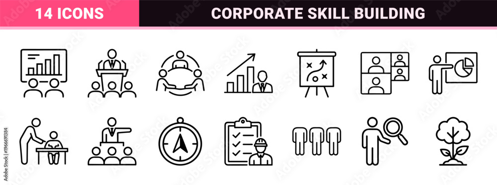Naklejka premium Business Training and Leadership Development Line Art Set Featuring Professional Coaching, Corporate Strategy, and Workshop Management Symbols.