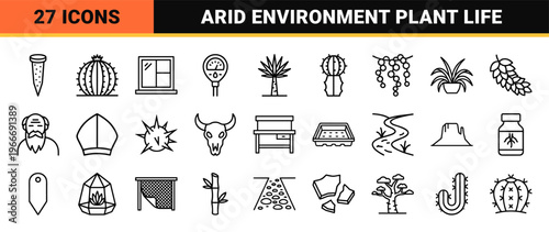 Minimalist Monoline Desert Flora and Succulent Gardening Outline Icons Featuring Geometric Cacti and Arid Environment Elements.