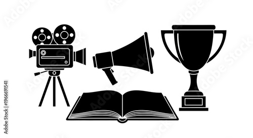 Tableau sur toile Film awards and literature icons in black silhouette on transparent background