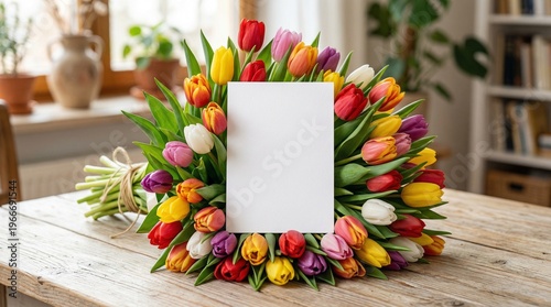 Vibrant Bouquet of Multicolored Spring Tulips on Wooden Table with Blank Greeting Card Mockup for Mother's Day or Celebration