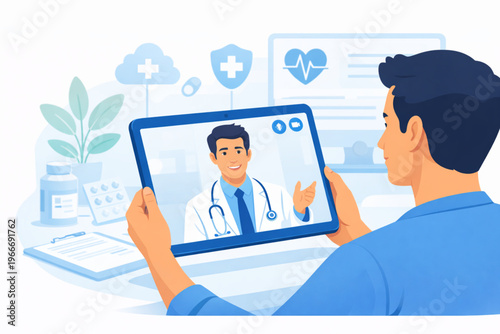 A modern vector illustration of a young woman using her smartphone for a telehealth consultation. A professional male doctor appears on the screen, while digital health icons like a heart rate monitor