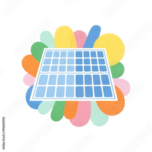 Colorful solar panel icon with abstract energy bubbles on white background