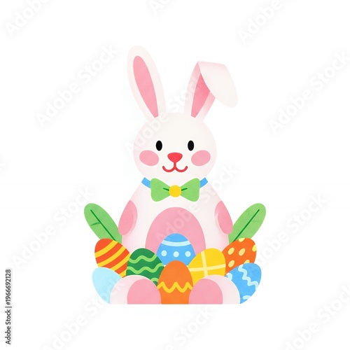 Easter bunny holding colorful painted eggs in cheerful spring illustration